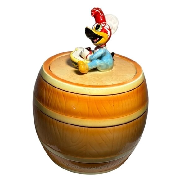 Vtg Woody Woodpecker Cookie Jar Barrel Design Ceramic Collectible Lid 9" Tall - Picture 1 of 16
